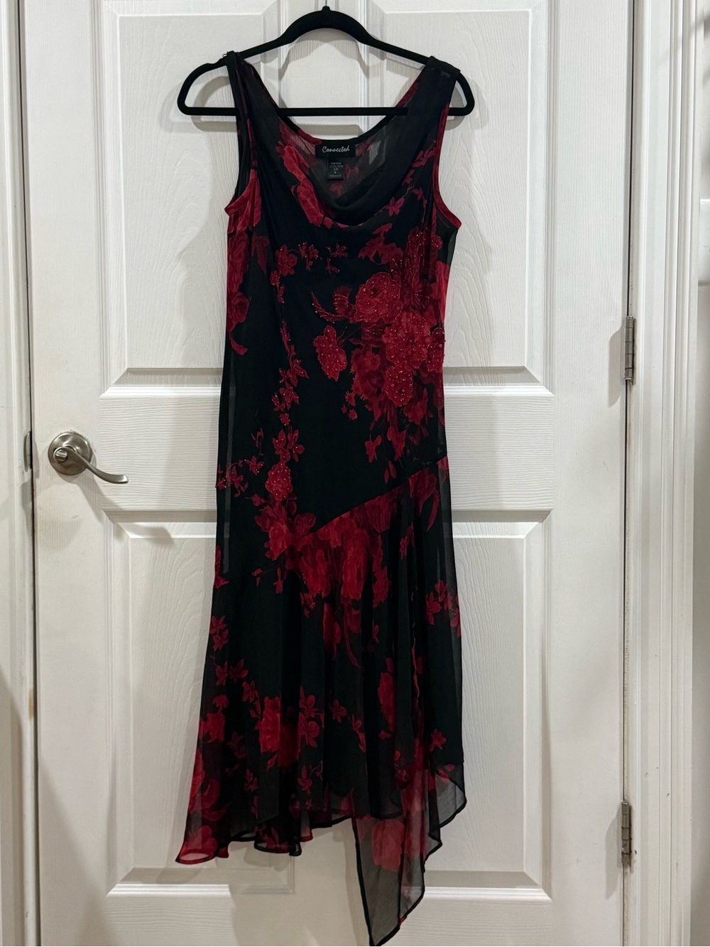 Connected Black Red Floral Beaded Midi Dress Women's Large